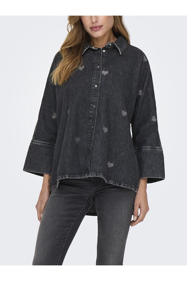 ONLGRACE 3/4 HEART EMB DNM SHIRT - ΜΑΥΡΟ