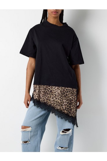 NMFILLA S/S OVERSIZE AOP SATIN T-SHIRT - ΜΑΥΡΟ