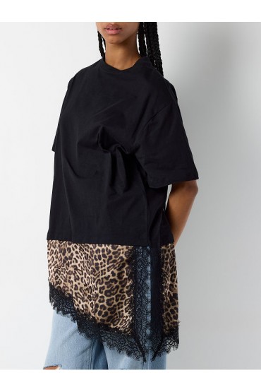 NMFILLA S/S OVERSIZE AOP SATIN T-SHIRT - ΜΑΥΡΟ