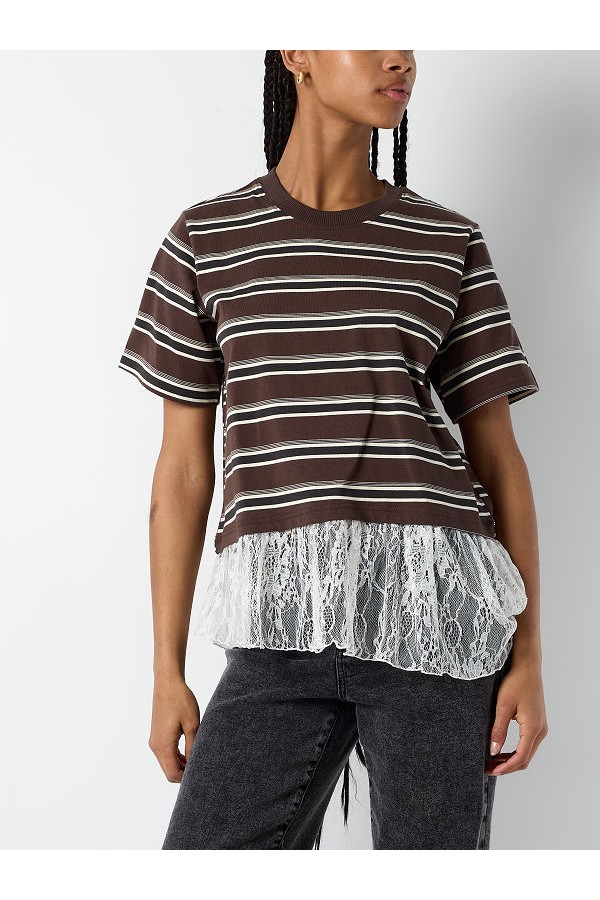 NMEMPER SS STRIPE LACE TOP - ΚΑΦΕ