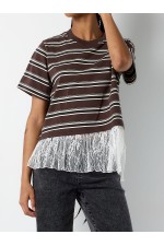 NMEMPER SS STRIPE LACE TOP - ΚΑΦΕ