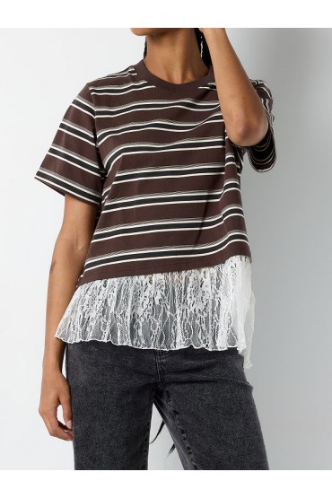 NMEMPER SS STRIPE LACE TOP - ΚΑΦΕ