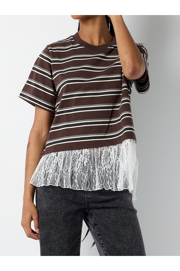 NMEMPER SS STRIPE LACE TOP - ΚΑΦΕ