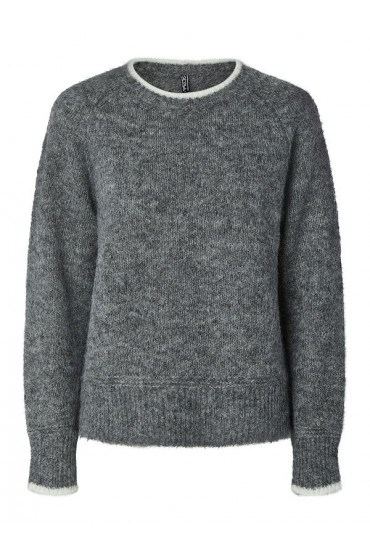 PCIVY LS O-NECK CONTRAST KNIT NOOS BC - ΓΚΡΙ