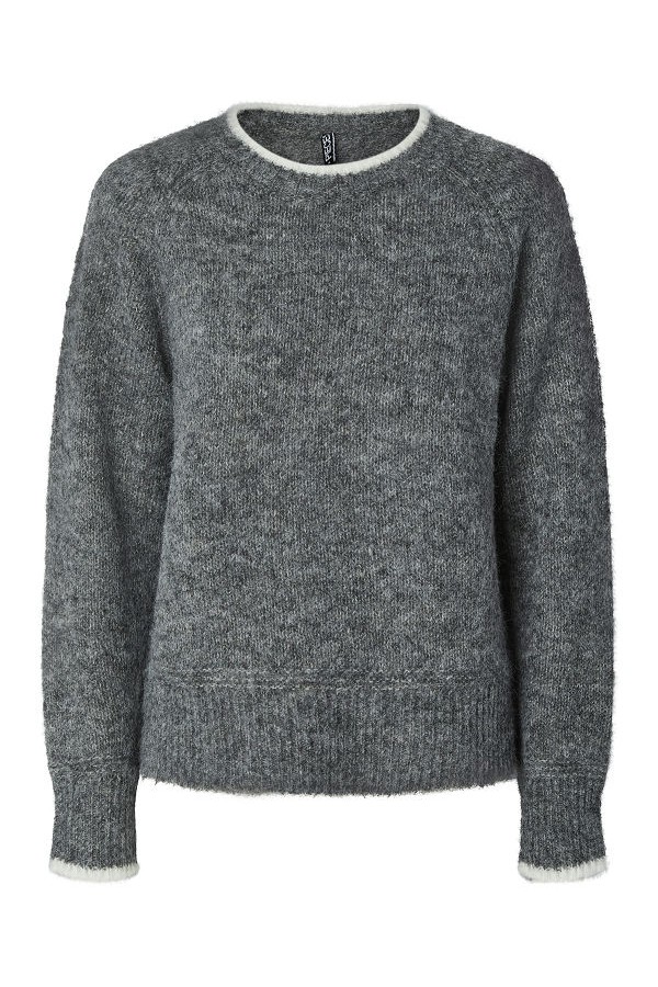 PCIVY LS O-NECK CONTRAST KNIT NOOS BC - ΓΚΡΙ