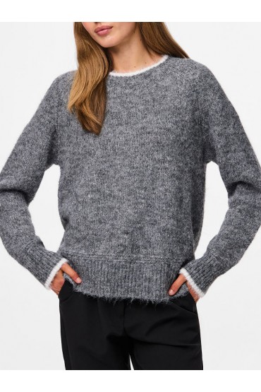 PCIVY LS O-NECK CONTRAST KNIT NOOS BC - ΓΚΡΙ