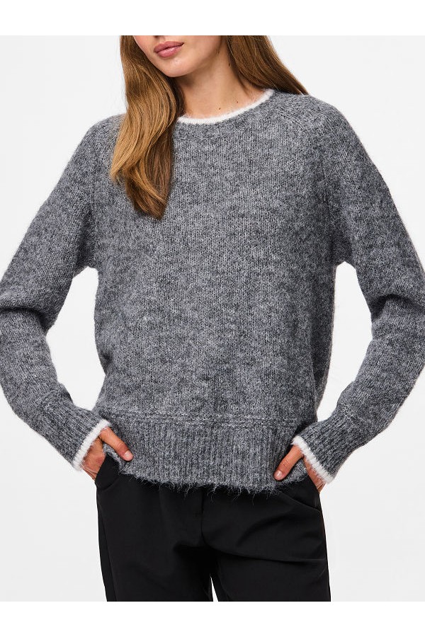 PCIVY LS O-NECK CONTRAST KNIT NOOS BC - ΓΚΡΙ