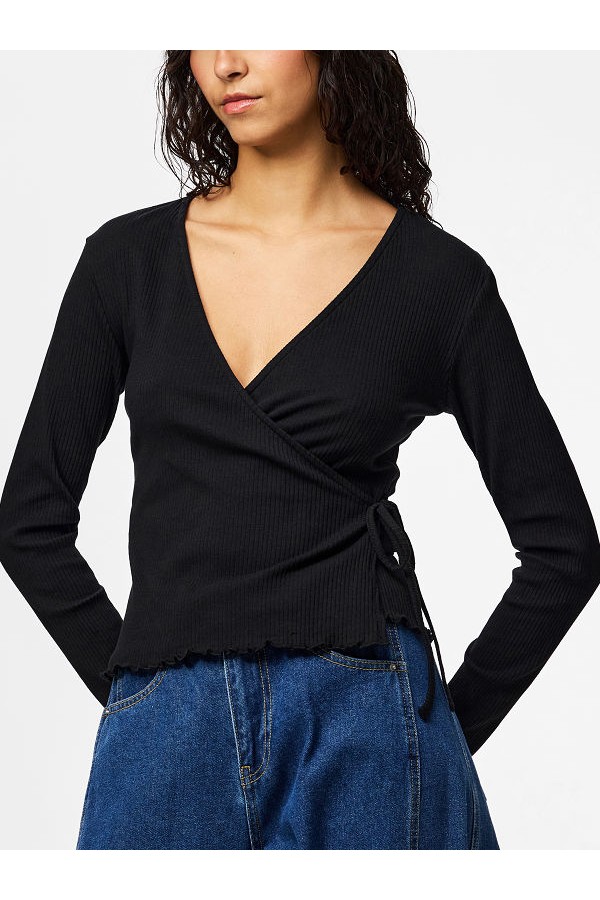 PCKITTE LS V-NECK WRAP TOP JRS NOOS BC - ΜΑΥΡΟ