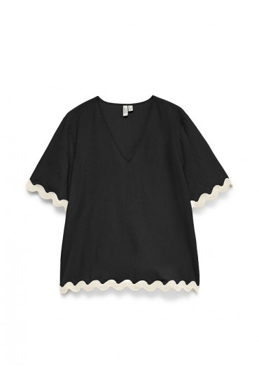 VMJENNA S/S V-NECK TOP WVN BTQ GA - ΜΑΥΡΟ
