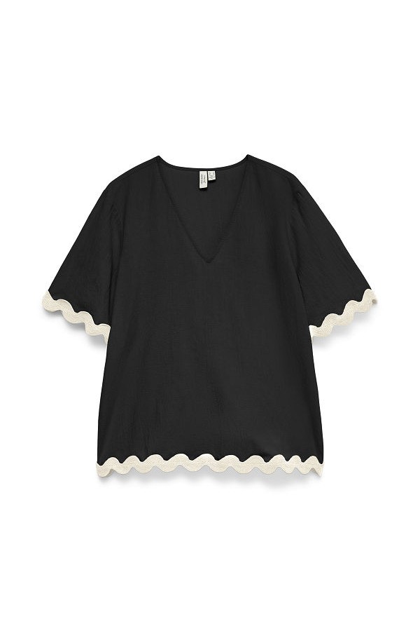 VMJENNA S/S V-NECK TOP WVN BTQ GA - ΜΑΥΡΟ