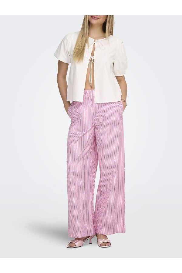 ONLLORIS STRIPED WIDE PULL UP PANTS WVN - ΡΟΖ