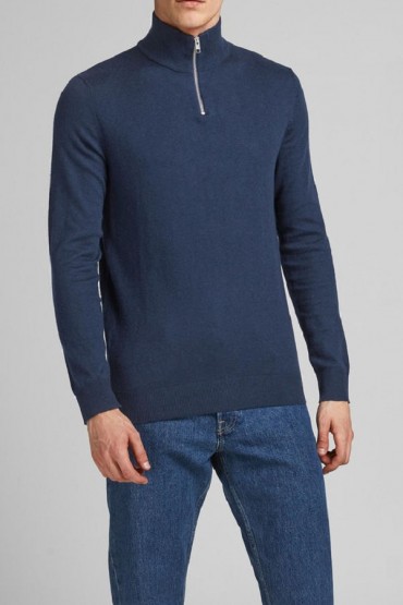 JJEEMIL KNIT HALF ZIP NOOS - ΜΠΛΕ