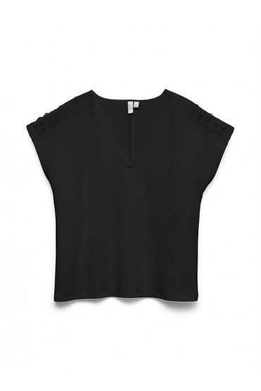 VMJINIMA S/L V-NECK LACE TOP - ΜΑΥΡΟ