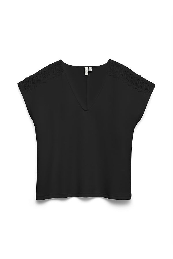 VMJINIMA S/L V-NECK LACE TOP - ΜΑΥΡΟ
