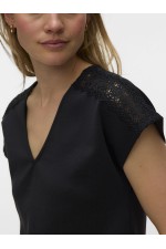 VMJINIMA S/L V-NECK LACE TOP - ΜΑΥΡΟ