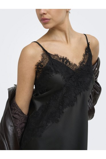 ONLINDONA STRAP SATIN LACE DRESS WVN - ΜΑΥΡΟ