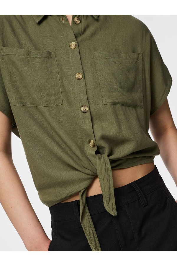 PCPIA LINEN BLEND SS TIE SHIRT WVN NOOS - ΠΡΑΣΙΝΟ
