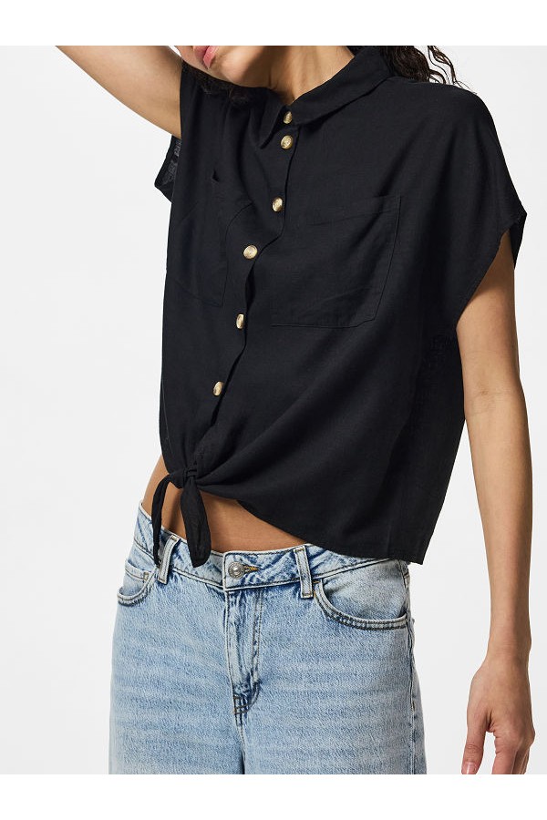 PCPIA LINEN BLEND SS TIE SHIRT WVN NOOS - ΜΑΥΡΟ
