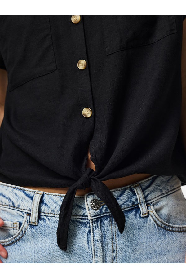 PCPIA LINEN BLEND SS TIE SHIRT WVN NOOS - ΜΑΥΡΟ