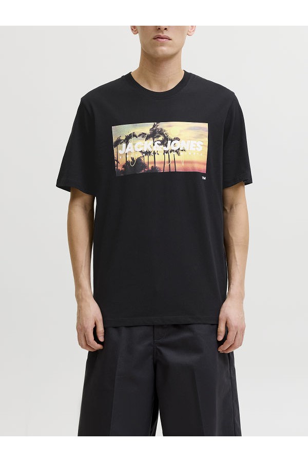 JJINDIANA TEE SS CREW NECK LN - ΜΑΥΡΟ