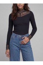 JREBWHARPER HIGH NECK LS LACE TOP - ΜΑΥΡΟ