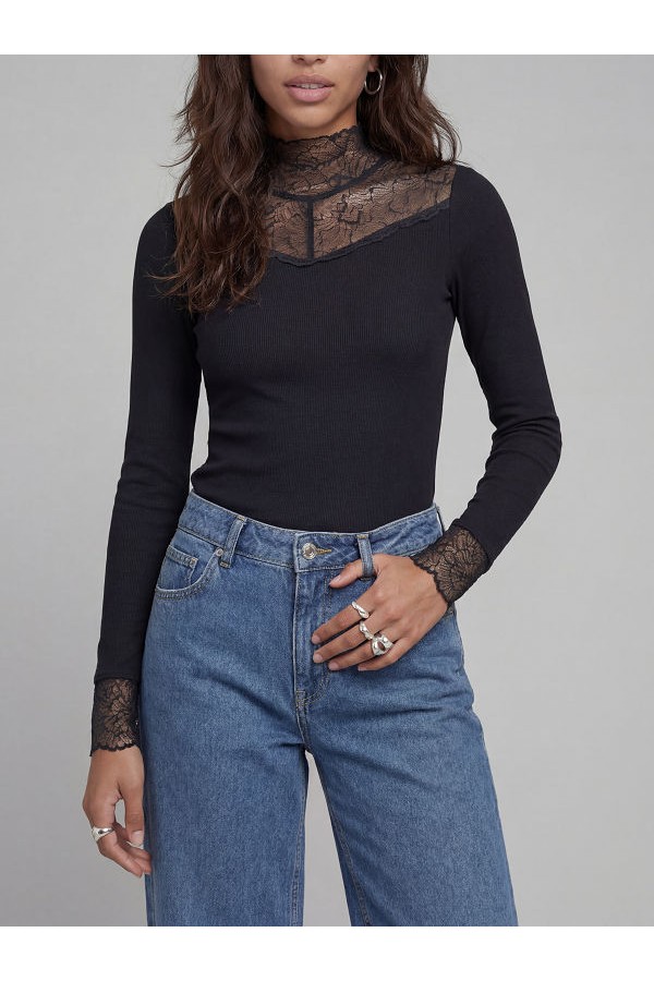 JREBWHARPER HIGH NECK LS LACE TOP - ΜΑΥΡΟ