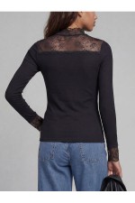 JREBWHARPER HIGH NECK LS LACE TOP - ΜΑΥΡΟ
