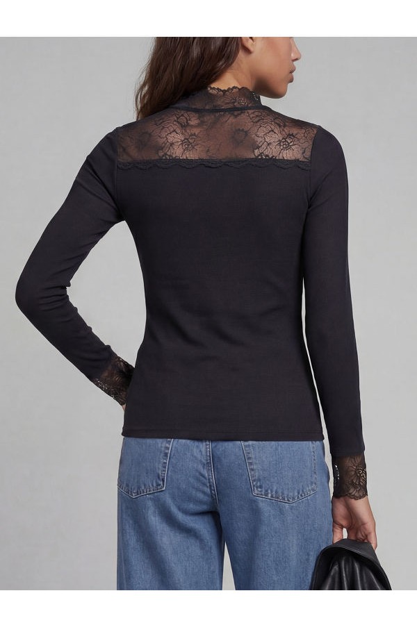 JREBWHARPER HIGH NECK LS LACE TOP - ΜΑΥΡΟ