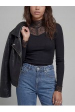 JREBWHARPER HIGH NECK LS LACE TOP - ΜΑΥΡΟ