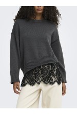 ONLEVIE LS LACE MIX O-NECK KNT - ΓΚΡΙ
