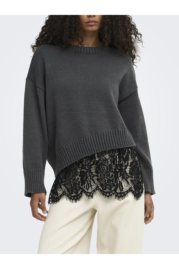 ONLEVIE LS LACE MIX O-NECK KNT - ΓΚΡΙ