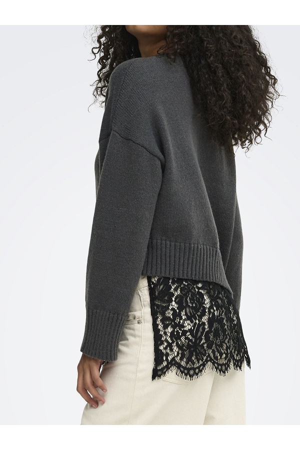 ONLEVIE LS LACE MIX O-NECK KNT - ΓΚΡΙ