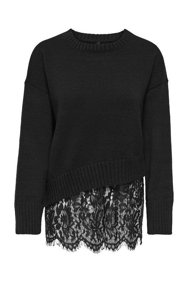 ONLEVIE LS LACE MIX O-NECK KNT - ΜΑΥΡΟ