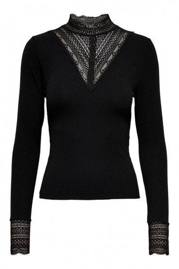 ONLTILDE L/S HIGH NECK LACE TOP JRS NOOS - ΜΑΥΡΟ