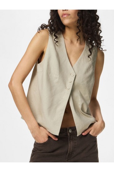 PCAWACE V-NECK LINEN VEST - ΜΠΕΖ