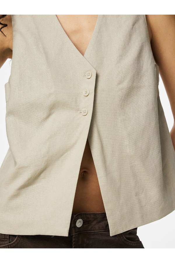 PCAWACE V-NECK LINEN VEST - ΜΠΕΖ